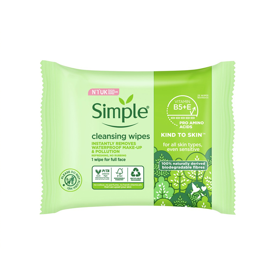Simple Kind to Skin Biodegradable Facial Cleansing Wipes 25 Pieces